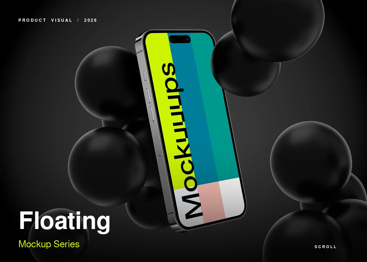 Floating Mockup Series hero artwork with a colorful smartphone among dark spheres