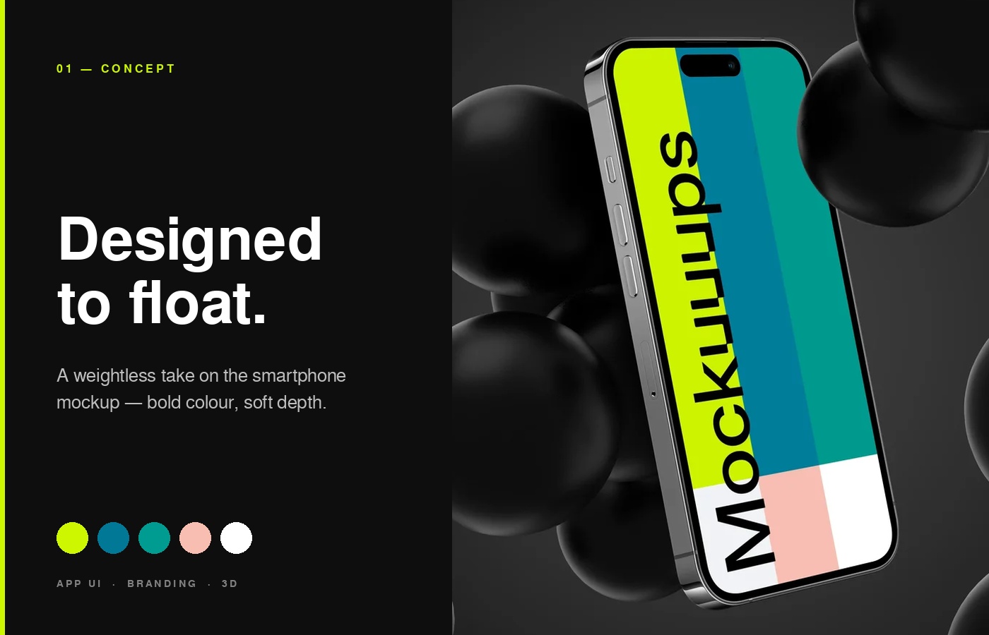 Split layout showing the phone mockup, concept copy, and color swatches