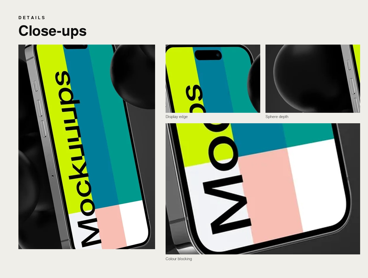 Close-up grid showing the phone display, metallic edge, spheres, and color blocking