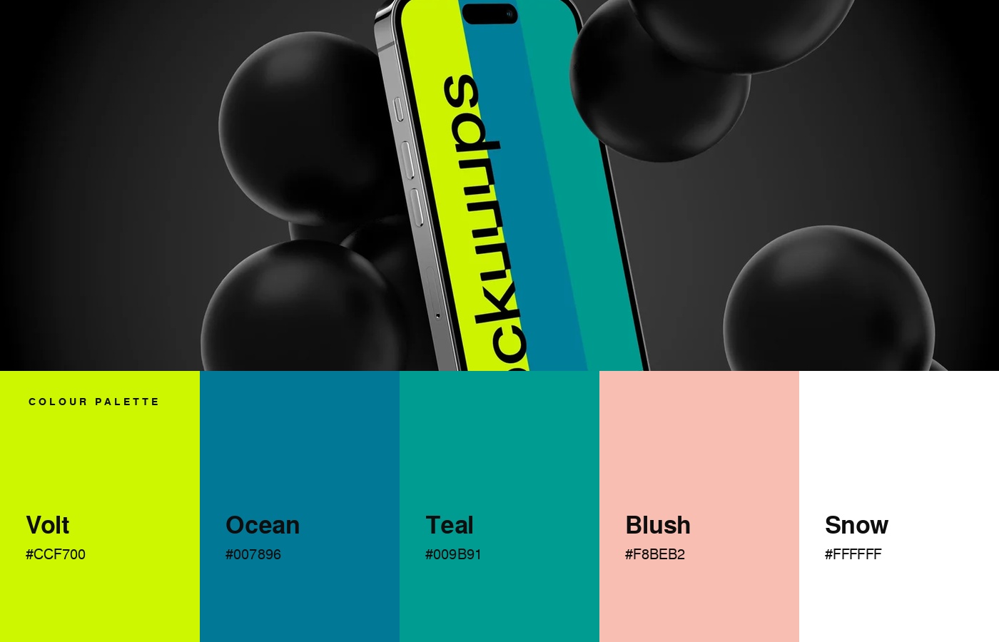 Color palette of Volt, Ocean, Teal, Blush, and Snow
